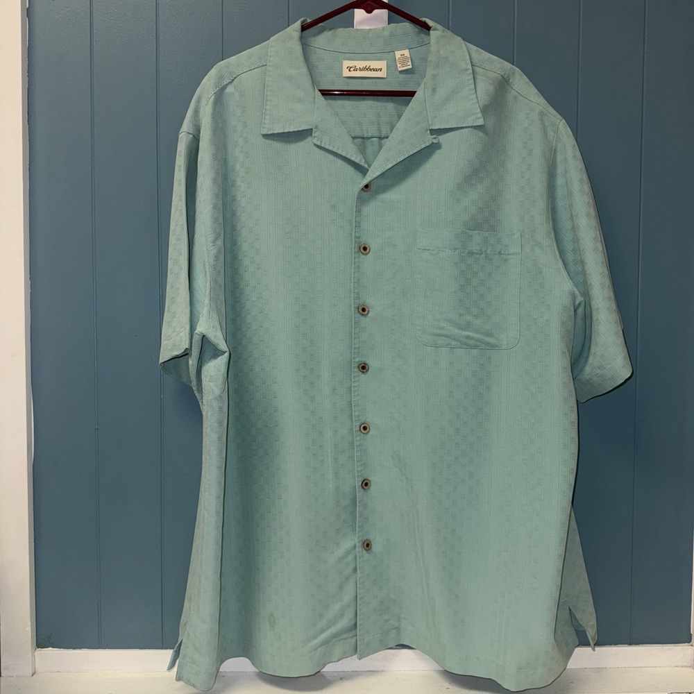 Caribbean Jeans Aqua Textured Jacquard Short Sleeve Woven Shirt Men's Size 2x